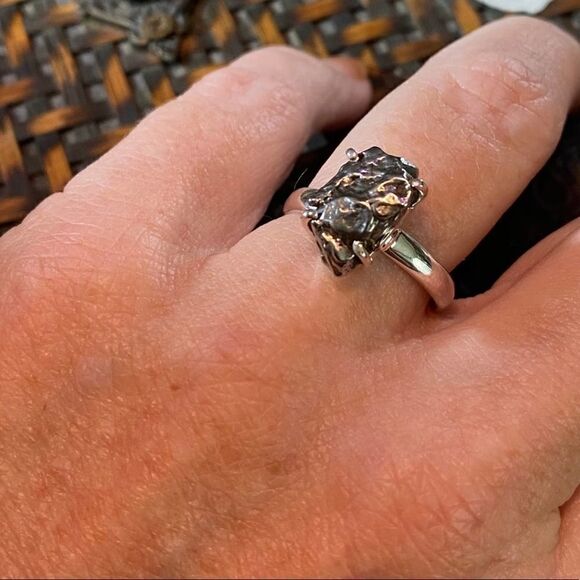 Meteorite Campo Del Cielo Solid Sterling Silver Ring Size 9 Natural Stone - Picture 9 of 10